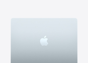 13-inch MacBook Air, top exterior, rounded corners, Apple logo centred, Sky Blue color