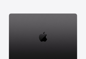 14-inch MacBook Pro, top exterior, rectangular shape, rounded corners, dark glossy Apple logo centred, space black colour