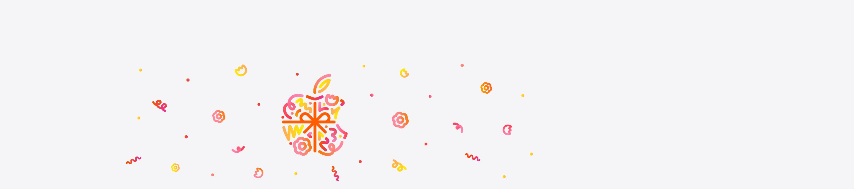 Wrapped in an orange bow, the Apple logo, made up of squiggles, flowers and dots in different hues of pink, orange and yellow, surrounded by more squiggles, flowers and dots