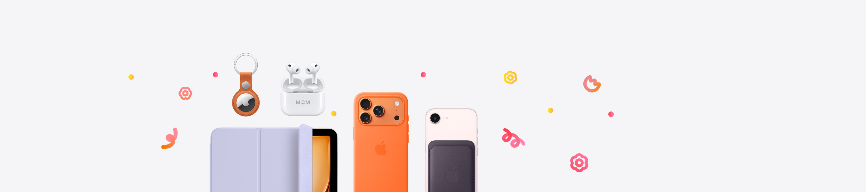 Apple products: AirTag FineWoven Key Ring, fox orange colour, covers the entire outer edge of the AirTag, custom engraving, AirPods Pro 3 wireless headphones, charging case with personalised engraving, lid open, iPad Air with Smart Folio, light violet colour, orange colour iPhone 17 Pro Silicone Case with MagSafe and orange colour CrossBody Strap attached to iPhone 17 Pro, cosmic orange colour, and midnight purple colour iPhone FineWoven Wallet with MagSafe attached to iPhone 17e, soft pink colour, surrounded by dots, squiggles and spirals in different hues of orange, pink and yellow