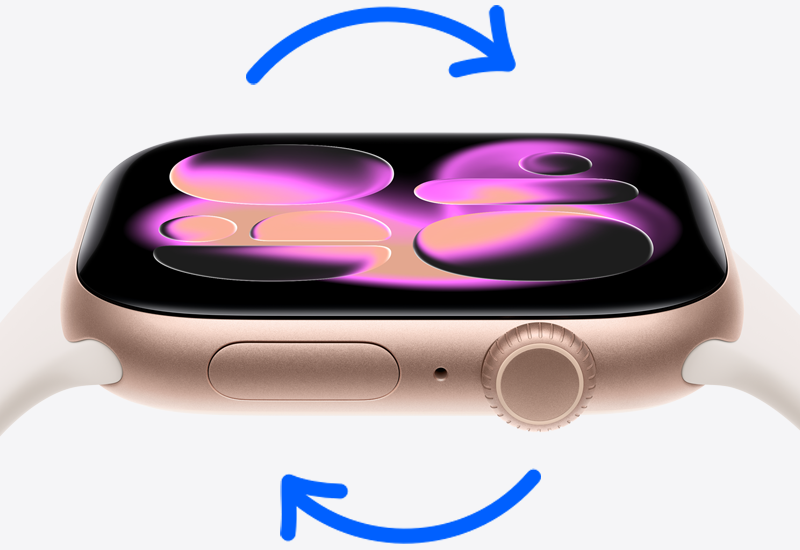 Apple Watch, Digital Crown dial, two arrows indicating clockwise turning of dial