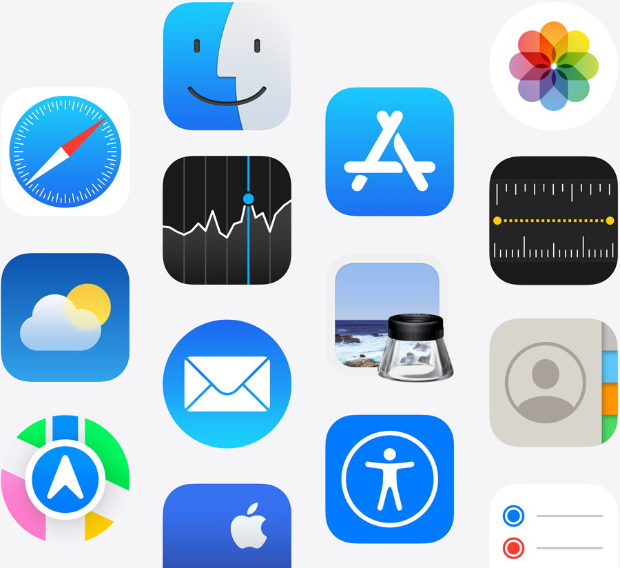 Apple apps and tools, Safari, Weather, Maps, Finder, Stocks, Mail, Support, App Store, Preview, Accessibility, Photos, Measure, Contacts, Reminders