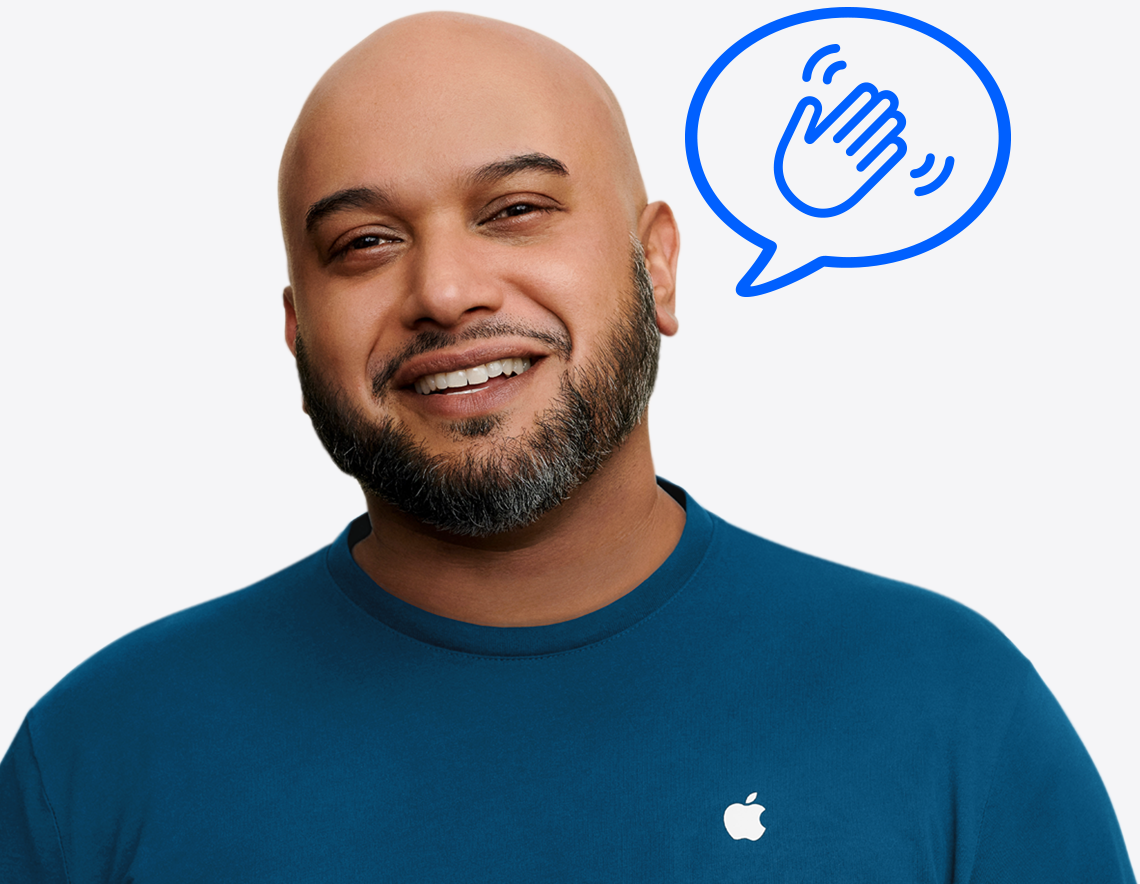 Apple Specialist, smiling, speech bubbled, waving hand emoji