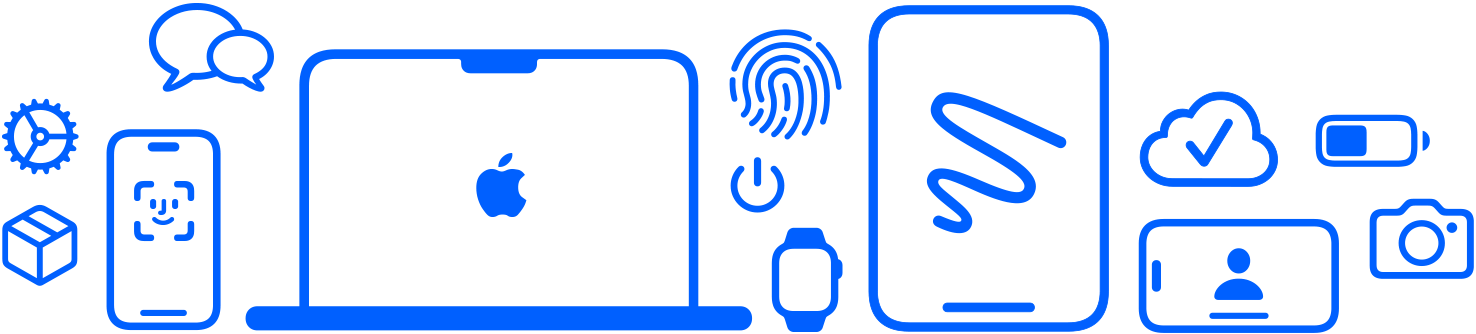 أجهزة وميزات Apple، أيقونة الإعدادات، علبة الشحن، المراسلة، iPhone، إعداد MacBook‏، بصمة الاصبع، زر التشغيل، ‏Apple Watch‏، iPad مع بصمة الوجه.