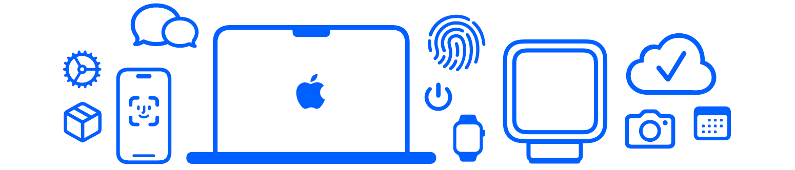 Appareils Apple et fonctionnalités, réglages, livraison, messages, iPhone avec Face ID, MacBook Pro, Touch ID, bouton d’alimentation, Apple Watch, Apple HomeView, iCloud, caméra, calendrier