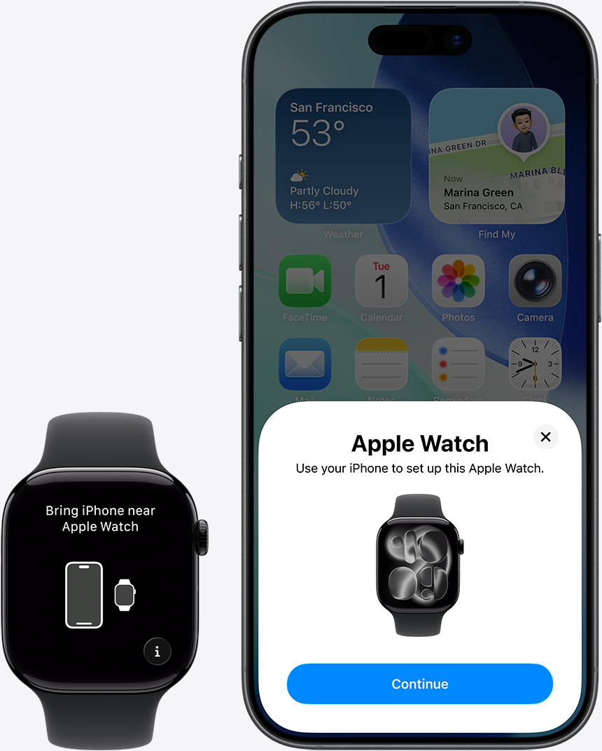 Apple Watch and iPhone displaying pairing setup screens
