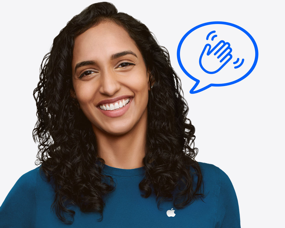 Apple Specialist, smiling, speech bubble, waving hand emoji