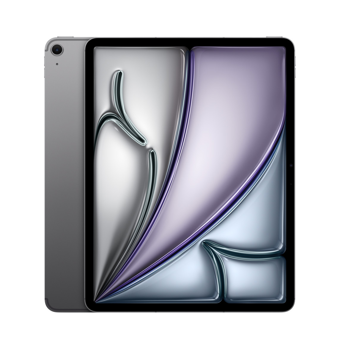 Vista trasera del iPad Air Wi-Fi + Cellular gris espacial que muestra la cámara con un objetivo. Y vista frontal que muestra el marco negro de la pantalla y las esquinas redondeadas.
