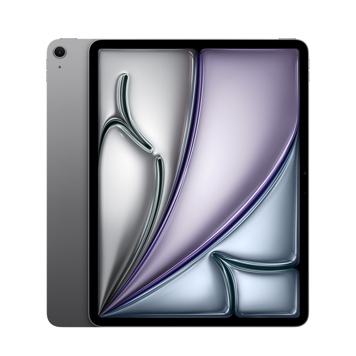 Vista trasera del iPad Air Wi-Fi gris espacial que muestra la cámara con un objetivo. Y vista frontal que muestra el marco negro de la pantalla y las esquinas redondeadas.