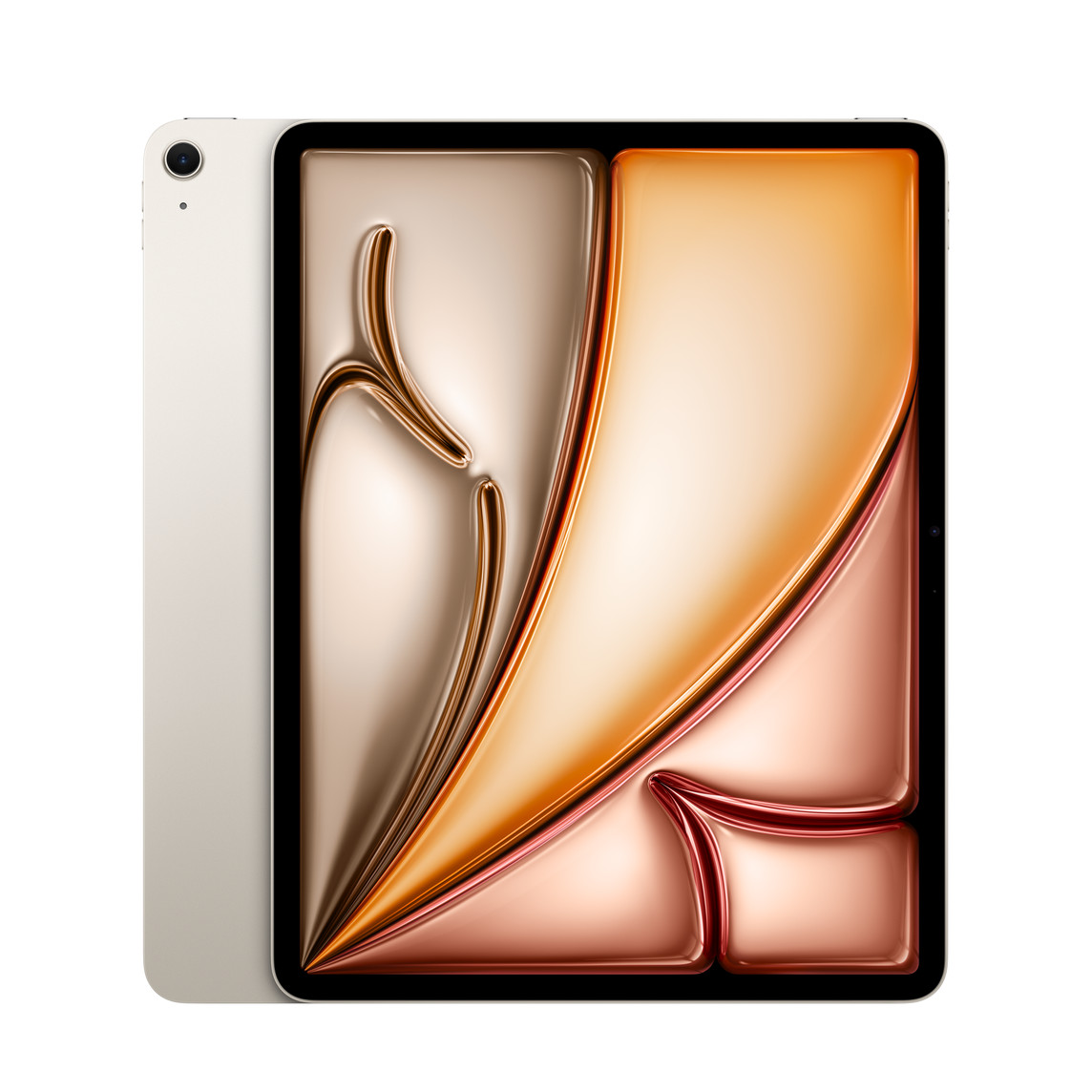 Vista trasera del iPad Air Wi-Fi blanco estrella que muestra la cámara con un objetivo. Y vista frontal que muestra el marco negro de la pantalla y las esquinas redondeadas.