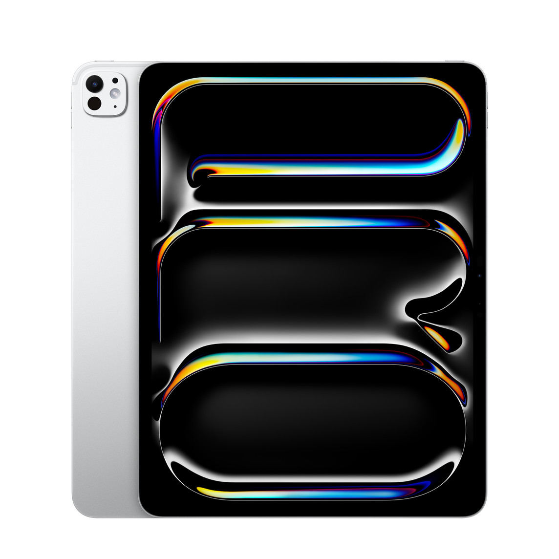 iPad Pro en plata, parte trasera, sistema de cámaras Pro, iPad Pro, parte frontal, marco negro de la pantalla, esquinas redondeadas