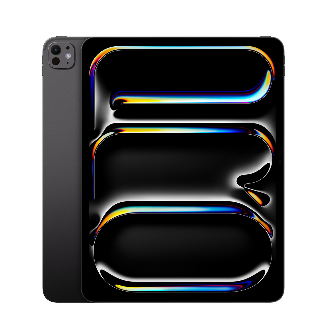 iPad Pro en negro espacial, parte trasera, sistema de cámaras Pro, iPad Pro, parte frontal, marco negro de la pantalla, esquinas redondeadas