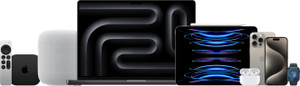 Apple products, Apple TV with remote, HomePod, MacBook, iPad, AirPods, iPhone, Apple Watch