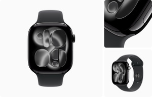 Apple Watch Series 11, edge-to-edge display, polished jet black color, aluminum case, rounded corners, Digital Crown dial, small microphone hole, flush side button, connected flush to Sport Band, black color, smooth fluoroelastomer rubber, adjustment holes centered, silver pin-and-tuck closure. Apple Watch Series 11 Aluminum Case Price in Bangladesh MC SOLUTION BD