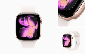 Apple Watch Series 11, edge-to-edge display, rose gold color, aluminum case, rounded corners, Digital Crown dial, small microphone hole, flush side button, connected flush to Sport Band, light blush color, smooth fluoroelastomer rubber, adjustment holes centered, silver pin-and-tuck closure. Apple Watch Series 11 Aluminum Case Price in Bangladesh MC SOLUTION BD