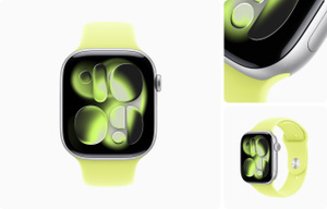 Apple Watch Series 11, edge-to-edge display, silver color, aluminum case, rounded corners, Digital Crown dial, small microphone hole, flush side button, connected flush to Sport Band, neon yellow color, smooth fluoroelastomer rubber, adjustment holes centered, silver pin-and-tuck closure. Apple Watch Series 11 Aluminum Case Price in Bangladesh MC SOLUTION BD