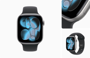Apple Watch Series 11 com tela de ponta a ponta, caixa cinza-espacial de alum&iacute;nio, bordas arredondadas, Digital Crown, pequeno orif&iacute;cio para microfone, bot&atilde;o lateral alinhado &agrave; superf&iacute;cie, pulseira esportiva preta de borracha de fluorelast&ocirc;mero suave com orif&iacute;cios de ajuste centralizados e fecho prateado em forma de pino.
