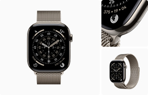 Apple Watch Series 11, tela de ponta a ponta, caixa natural de tit&acirc;nio, bordas arredondadas, Digital Crown, pequeno orif&iacute;cio para microfone, bot&atilde;o lateral alinhado &agrave; superf&iacute;cie, com pulseira natural estilo milan&ecirc;s, trama de a&ccedil;o inoxid&aacute;vel polido, fecho magn&eacute;tico sobreposto.