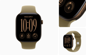 Apple Watch Series 12, aluminium case, dark bronze color, edge-to-edge display, rounded corners, Digital Crown dial, microphone, side button, connected to Sport Band, olive color, rubber material, pin-and-tuck closure (silver pin)