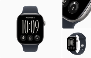 Apple Watch Series 12, aluminum case, space gray color, edge-to-edge display, rounded corners, Digital Crown dial, microphone, side button, connected to Sport Band, black color, rubber material, pin-and-tuck closure (silver pin)