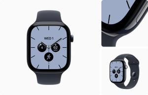 Apple Watch Series 12, ceramic case, night blue color, edge-to-edge display, rounded corners, Digital Crown dial, microphone, side button, connected to Sport Band, navy blue color, rubber material, pin-and-tuck closure, black metallic color
