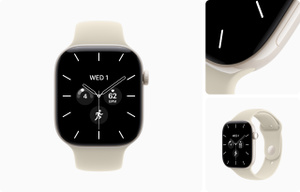 Apple Watch Series 12, ceramic case, pearl white color, edge-to-edge display, rounded corners, Digital Crown dial, microphone, side button, connected to Sport Band, sand color (light tan), rubber material, pin-and-tuck closure (silver pin)