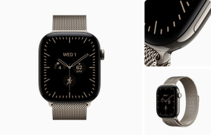 Apple Watch Series 12, titanium case, natural color, edge-to-edge display, rounded corners, Digital Crown dial, microphone, side button, connected to Milanese Loop band, natural color, stainless-steel mesh material, overlapping magnetic closure