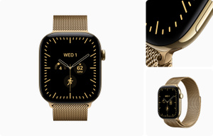 Apple Watch Series 12, titanium case, radiant gold color, edge-to-edge display, rounded corners, Digital Crown dial, microphone, side button, connected to Milanese Loop band, radiant gold color, stainless-steel mesh material, overlapping magnetic closure