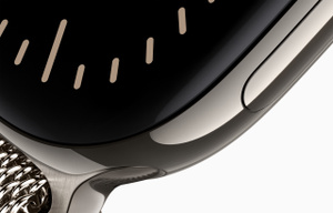 Apple Watch Series 12, titanium case, natural color, Milanese Loop band, natural color, Digital Crown dial, microphone, side button