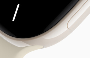 Apple Watch Series 12, ceramic case, pearl white color, Sport Band, sand color (light tan), Digital Crown dial, microphone, side button