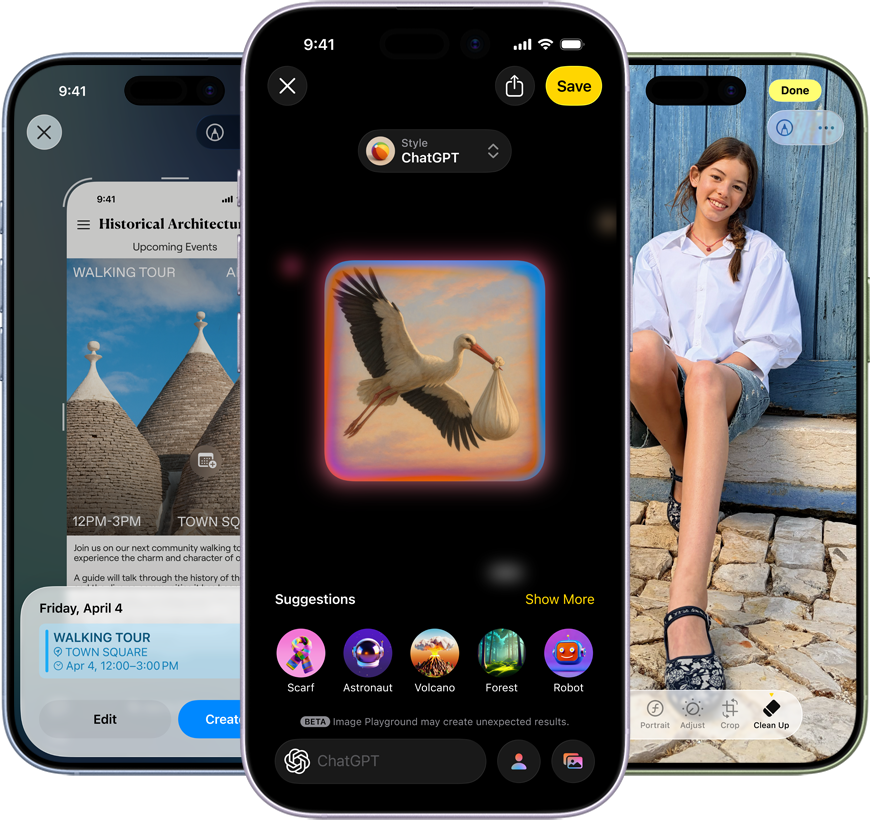 iPhone and Apple Intelligence features: Image Playgrounds app with ChatGPT as the selected style, a stork delivering a white sack generated, Screenshot Markup screen editing a Walking Tour for a historical event, the Create button selected, date time and location gathered from within screenshot, Photos app with Clean Up tool selected, a person smiling while sitting in front of a fence