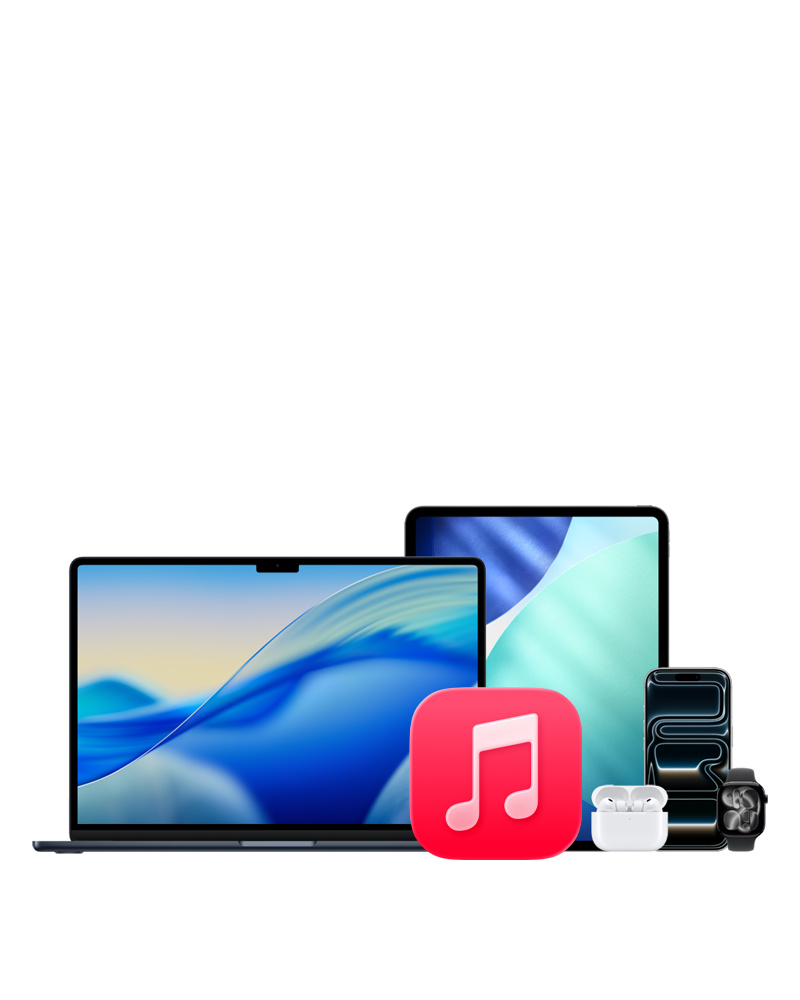 Apple Music app and Apple devices: MacBook Air, iPad, iPhone, Apple Watch, AirPods Pro 3