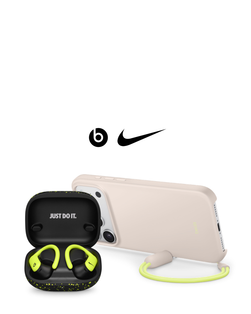 Special-edition Nike Powerbeats Pro 2 earbuds seated in charging case, with JUST DO IT inscribed on the inside of the charging case lid. Beats Kickstand case attached to iPhone 17 Pro, back view in landscape orientation, the lanyard adapter is magnetically attached to the side of the case holding the iPhone upright.