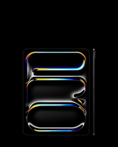 iPad Pro, front exterior, space black color, black display bezel, rounded corners, side exterior, thin design