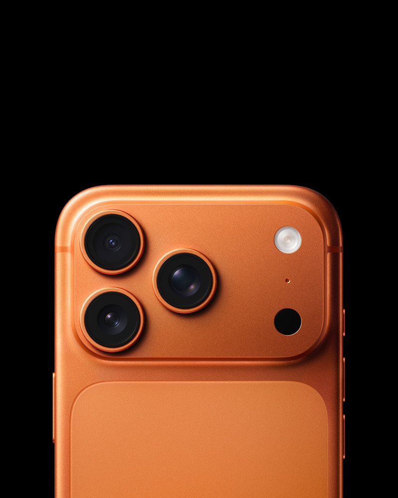 iPhone 17 Pro, back exterior, cosmic orange color, Pro Fusion camera system at top, 3 lenses, flash, microphone and LIDAR
