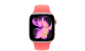 Apple Watch Series 10, rose gold aluminum case, color-matching Digital Crown, side button and case, Flux multi-tone Watch face with large typography, connected to bright coral Sport Band, silicone material with pin-and-tuck closure, with smooth fluoroelastomer