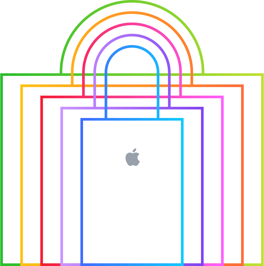Shopping bag outlines in rainbow colors, expanding in size, Apple logo centered in white