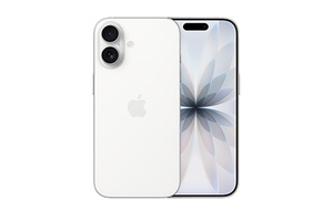 iPhone 16e, back exterior, white color, 2-in-1 camera system, centered Apple logo, front exterior, all-screen design, front camera, thin black display border, rounded corners, straight sides