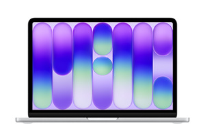 13-inch MacBook Air, Sky Blue color, 15-inch MacBook Air, Starlight color, open, rounded raised feet