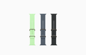 Ocean Band colors: neon green, anchor blue, black, hardware matches natural titanium color case