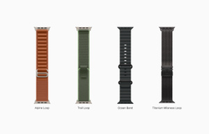 Apple Watch Ultra 3 bands: terra cotta Alpine Loop, green/neon Trail Loop, black Ocean Band, black Titanium Milanese Loop
