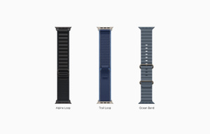 Apple Watch Ultra 3 bands: black Alpine Loop, blue/bright blue Trail Loop, anchor blue Ocean Band