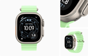 Apple Watch Ultra 3, edge-to-edge display, natural color, titanium case, rounded corners, Digital Crown dial, small microphone hole, raised side button, connected flush to Ocean Band, neon green color, tubular fluoroelastomer rubber, adjustment holes centered, titanium buckle matches natural color case