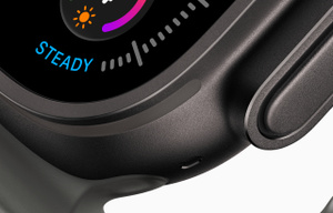 Apple Watch Ultra 4, titanium case, black color, brushed matte finish, connected to Ocean Band, translucent black color with hardware matching case color