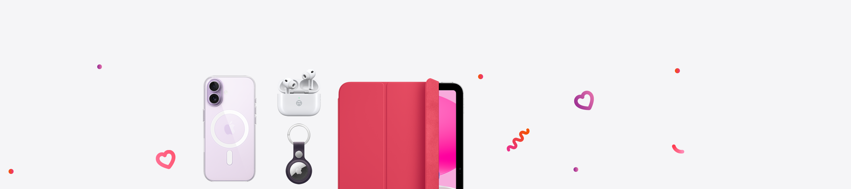 Productos Apple: iPhone&nbsp;17, color lavanda, en funda transparente con MagSafe, AirPods&nbsp;Pro&nbsp;3, color blanco, auriculares inalámbricos izquierdo y derecho, estuche de carga, grabado personalizado en la parte delantera del estuche, iPad con chip&nbsp;A16 en funda Smart Folio, color sandía, AirTag acoplado a un llavero de trenzado fino en color púrpura noche, puntos, garabatos y corazones de color rojo, rosa y morado a su alrededor