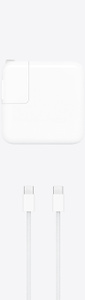 30 watt USB-C Power Adapter, white, pins folded up and a USB_C Charge Cable, two USB_C connectors, woven design cable