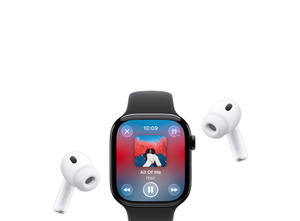 Apple Watch with Sport Band, Apple Music now playing screen, album art, playback controls; AirPods Pro wireless headphones