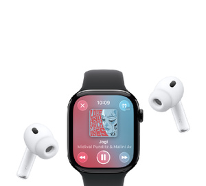 Apple Watch with Sport Band, Apple Music now playing screen, album art, playback controls; AirPods Pro wireless headphones