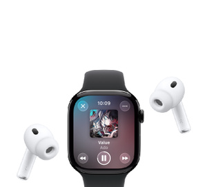 Apple Watchとスポーツバンド、Apple Musicの「再生中」画面、アルバムアート、再生コントロール。AirPods Proワイヤレスヘッドフォン