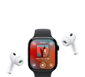 Apple Watch with Sport Band, Apple Music now playing screen, album art, playback controls; AirPods Pro wireless headphones